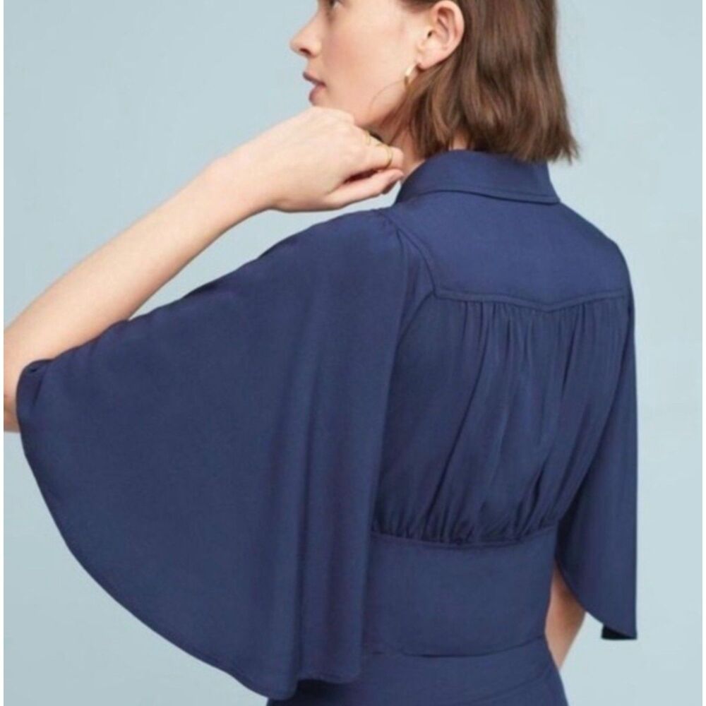 Maeve Anthropologie Milly Royal Blue Cropped Tie Waist Blouse Size 0